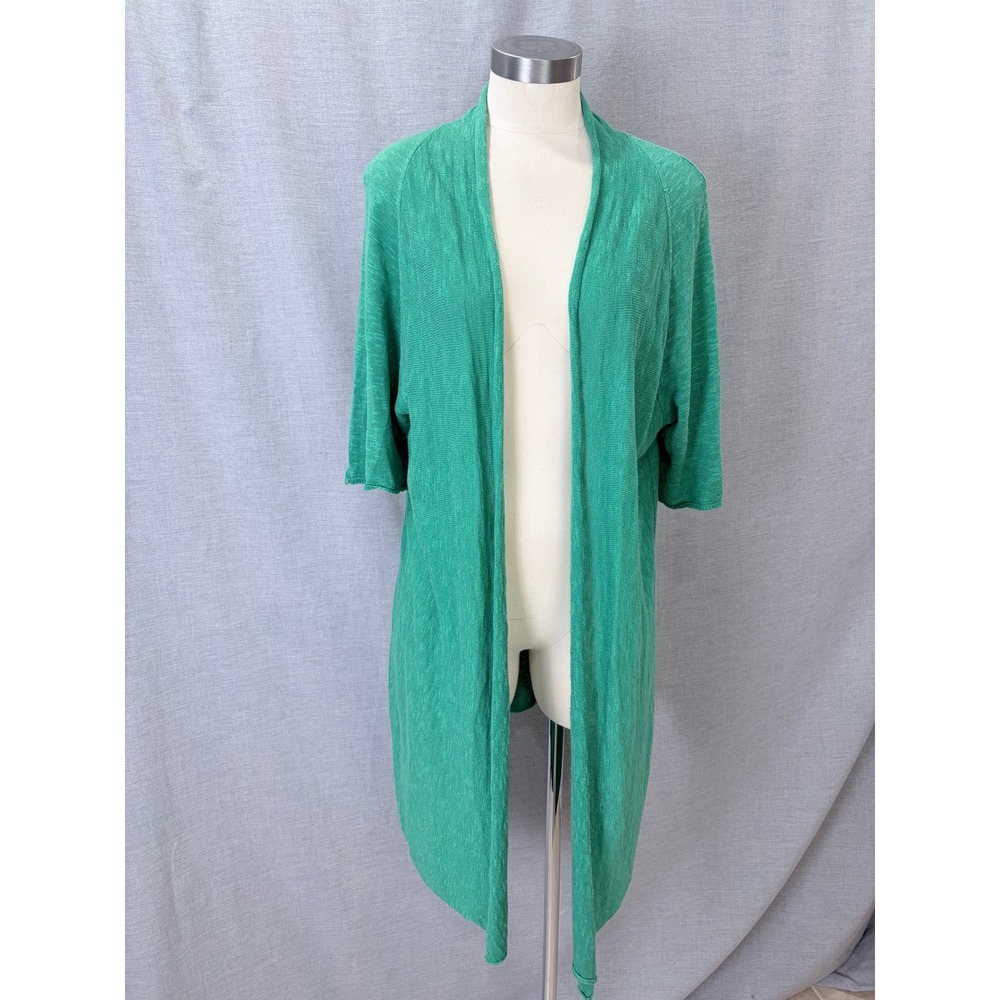 Eileen Fisher Green Linen Cotton Longline Cardigan Open Front Knit Lagenlook